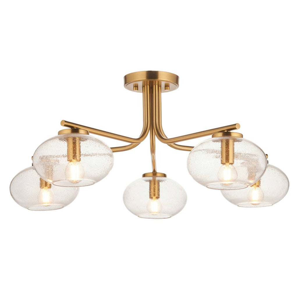 Endon Jacob 5 Light Semi Flush Fitting in Warm Brass with Clear Bubble Glass Shade