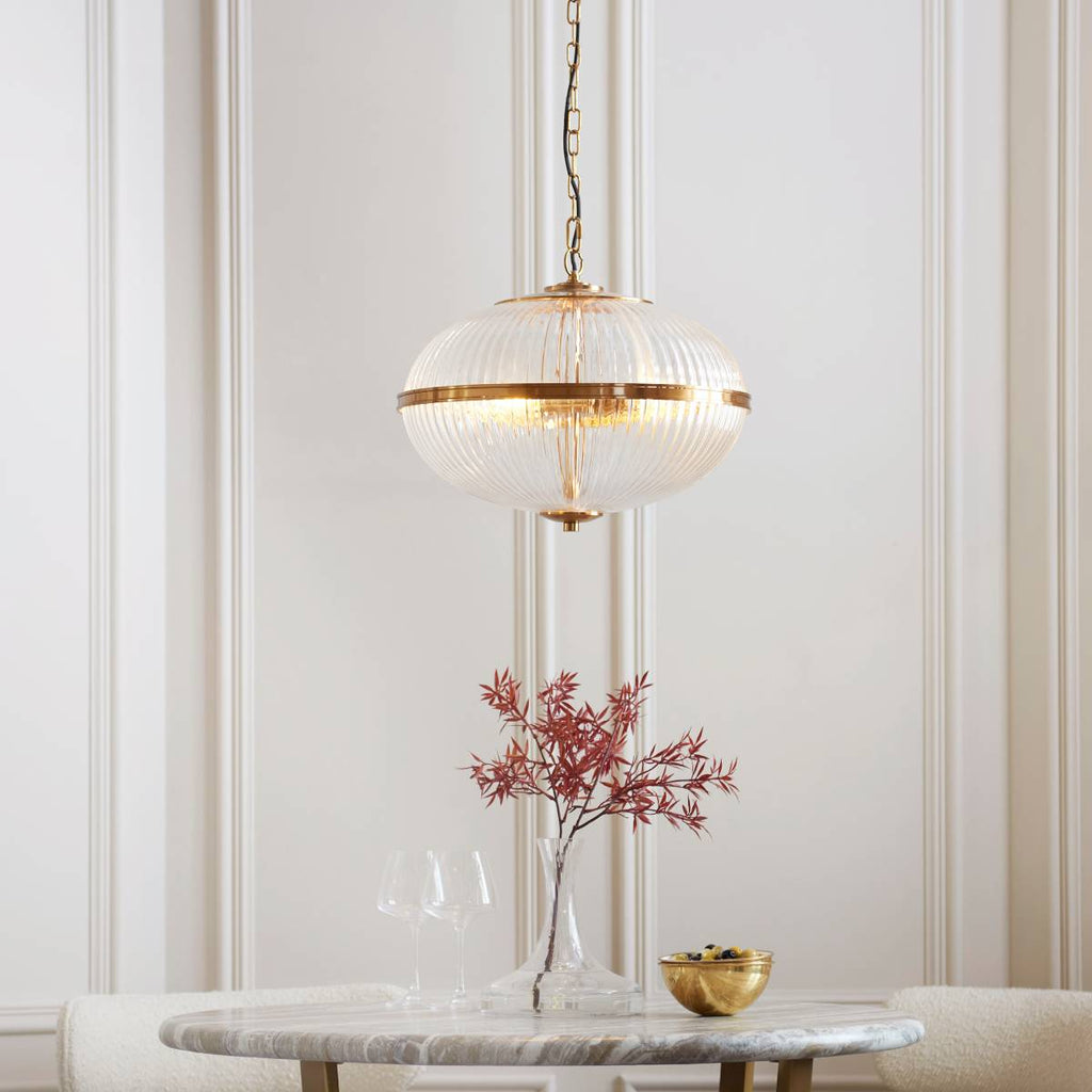 Endon Somerset 3 Light Pendant in Vintage Brass Finish and Clear Ribbed Glass Shade