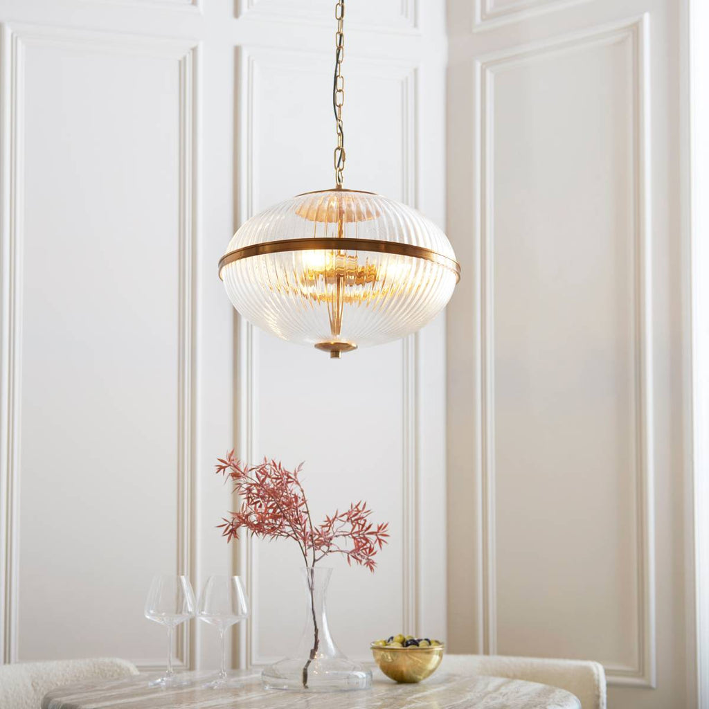Endon Somerset 3 Light Pendant in Vintage Brass Finish and Clear Ribbed Glass Shade