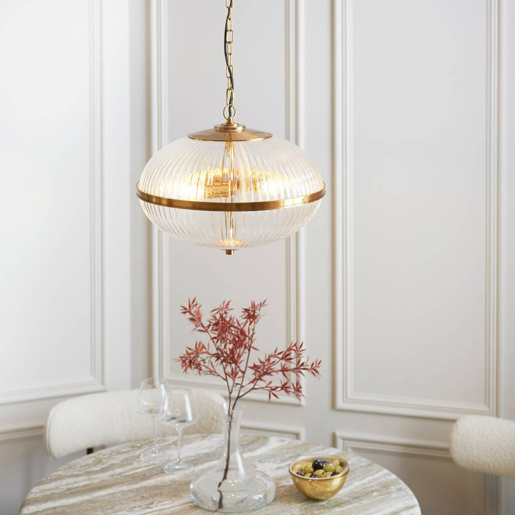 Endon Somerset 3 Light Pendant in Vintage Brass Finish and Clear Ribbed Glass Shade