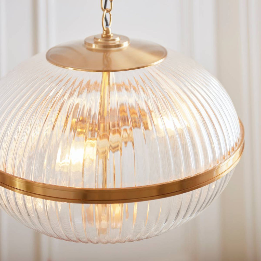 Endon Somerset 3 Light Pendant in Vintage Brass Finish and Clear Ribbed Glass Shade