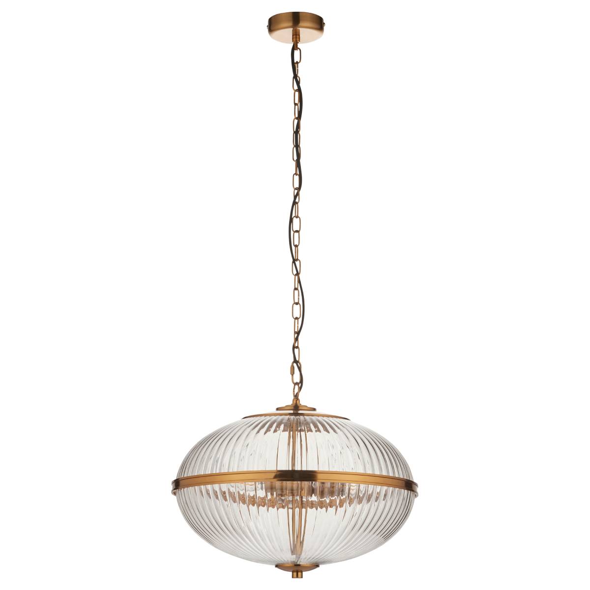 Endon Somerset 3 Light Pendant in Vintage Brass Finish and Clear Ribbed Glass Shade