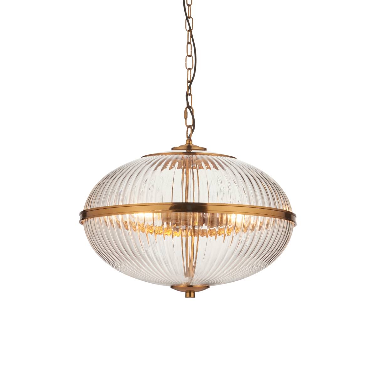 Endon Somerset 3 Light Pendant in Vintage Brass Finish and Clear Ribbed Glass Shade