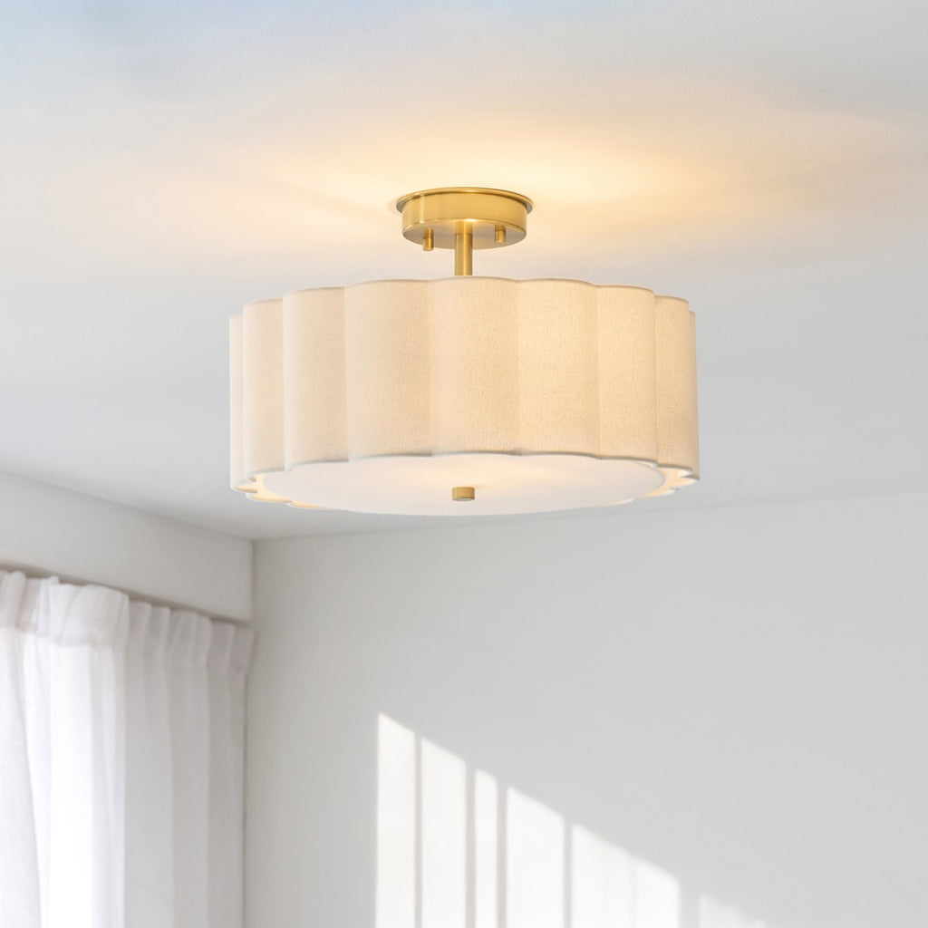 Endon Serene 2 Light Flush Ceiling Light in Brushed Aged Brass with Vintage White Shade