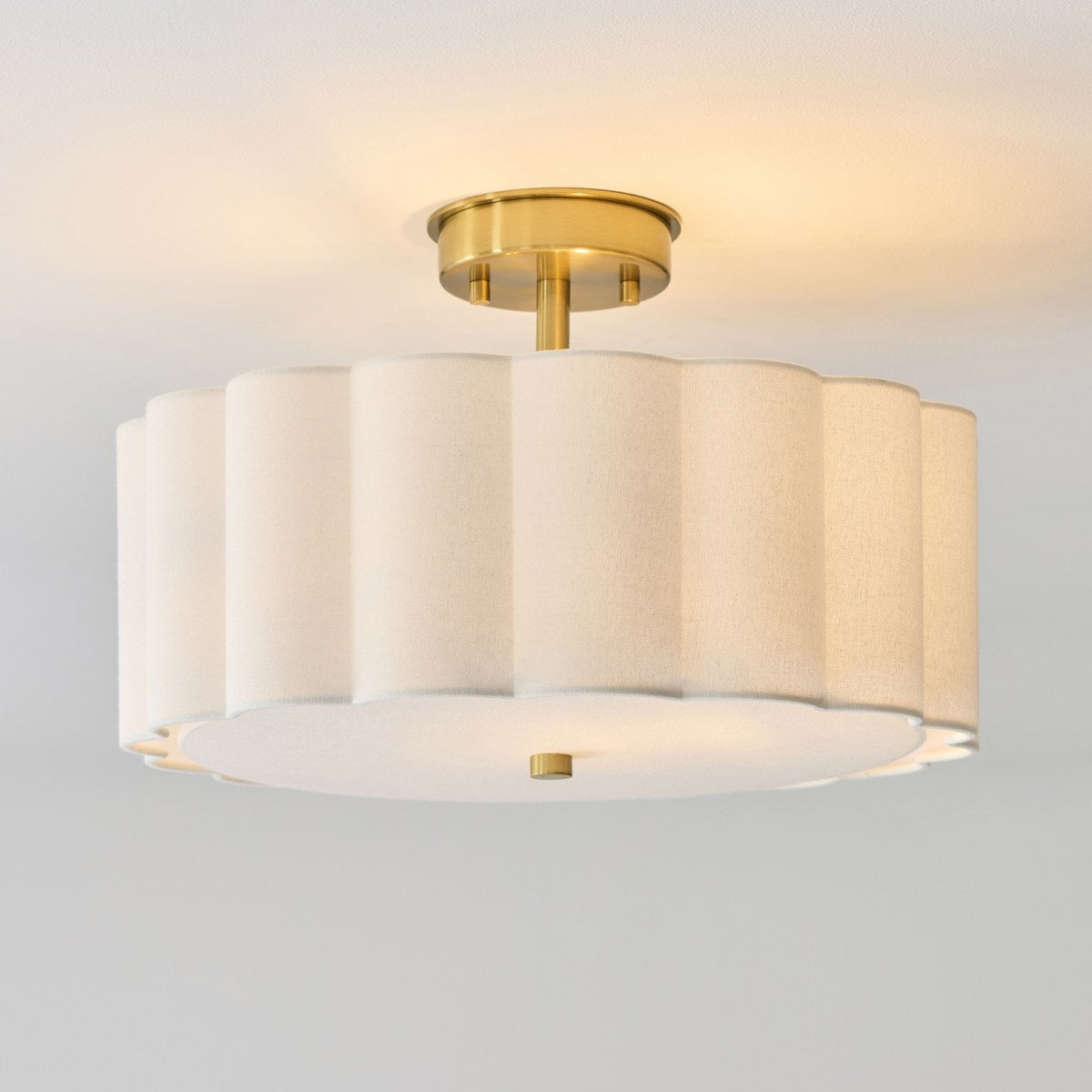 Endon Serene 2 Light Flush Ceiling Light in Brushed Aged Brass with Vintage White Shade