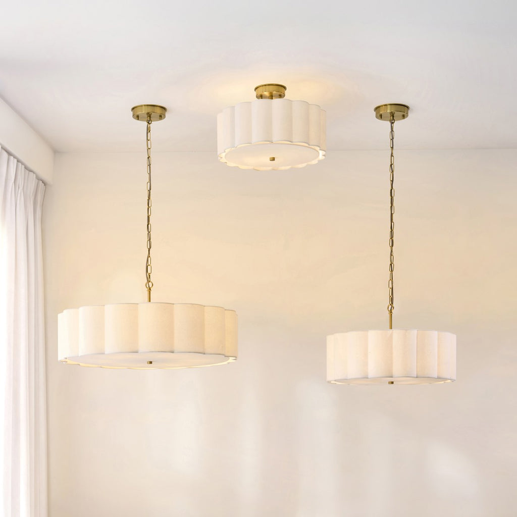 Endon Serene 2 Light Flush Ceiling Light in Brushed Aged Brass with Vintage White Shade