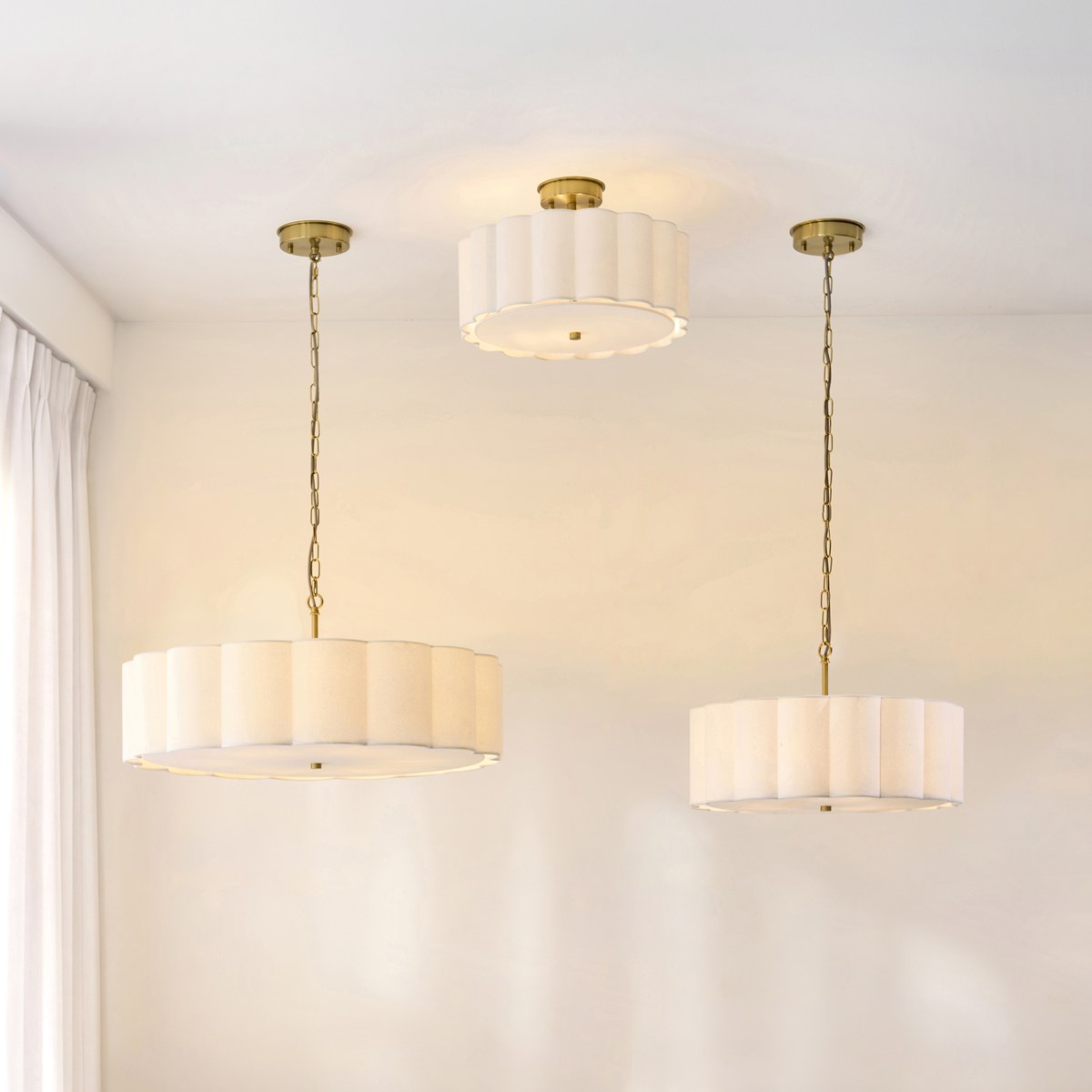 Endon Serene 2 Light Flush Ceiling Light in Brushed Aged Brass with Vintage White Shade
