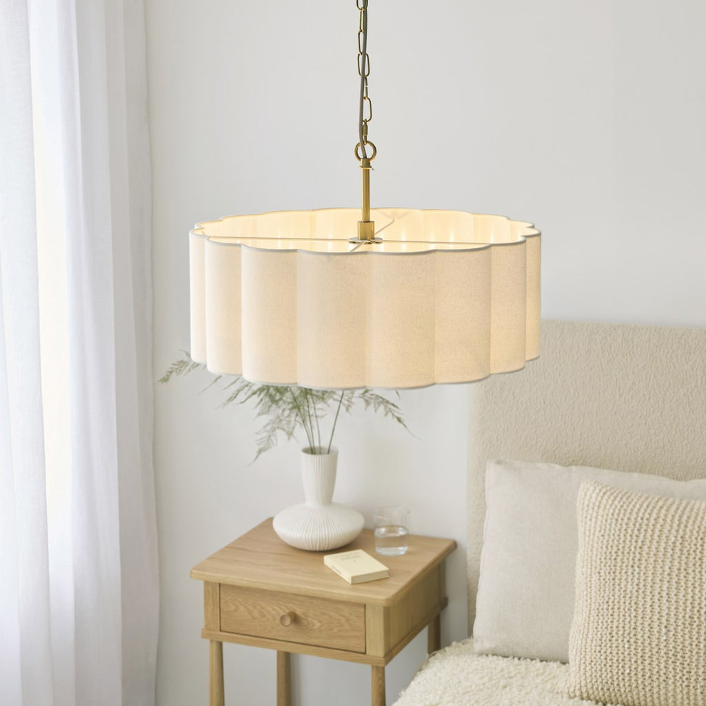 Endon Serene 3 Light Pendant Light in Brushed Aged Brass with Vintage White Shade