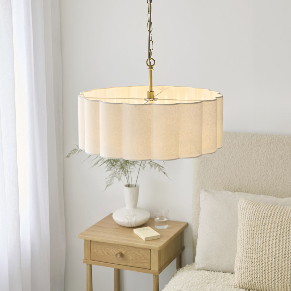 Endon Serene 3 Light Pendant Light in Brushed Aged Brass with Vintage White Shade