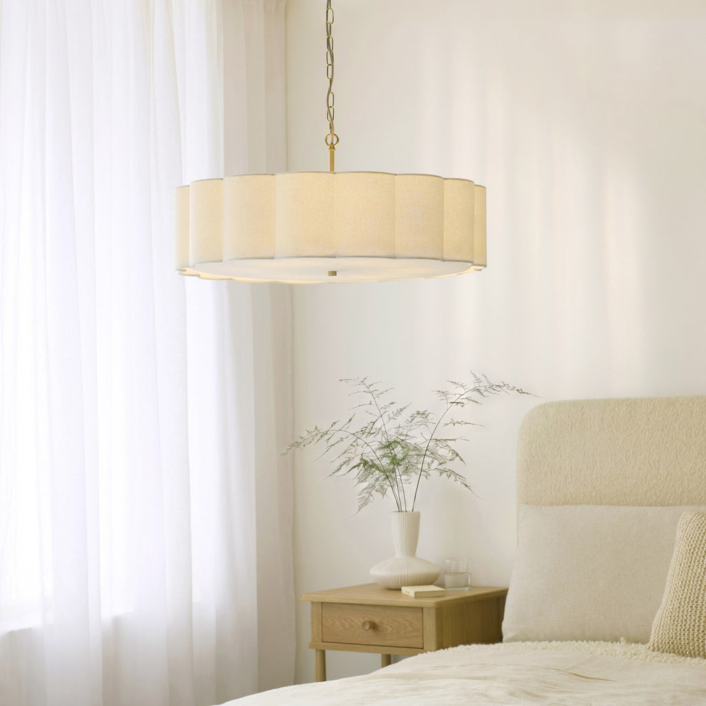 Endon Serene 6 Light Pendant Light in Brushed Aged Brass with Vintage White Shade