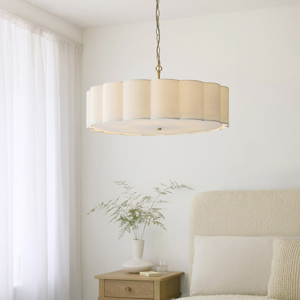 Endon Serene 6 Light Pendant Light in Brushed Aged Brass with Vintage White Shade