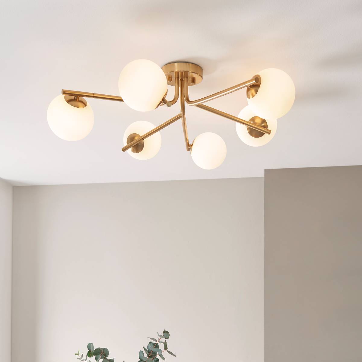 Endon Aaron 6 Light Semi Flush Fitting in Brushed Aged Brass and Matt Opal Glass Shade