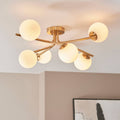Endon Aaron 6 Light Semi Flush Fitting in Brushed Aged Brass and Matt Opal Glass Shade