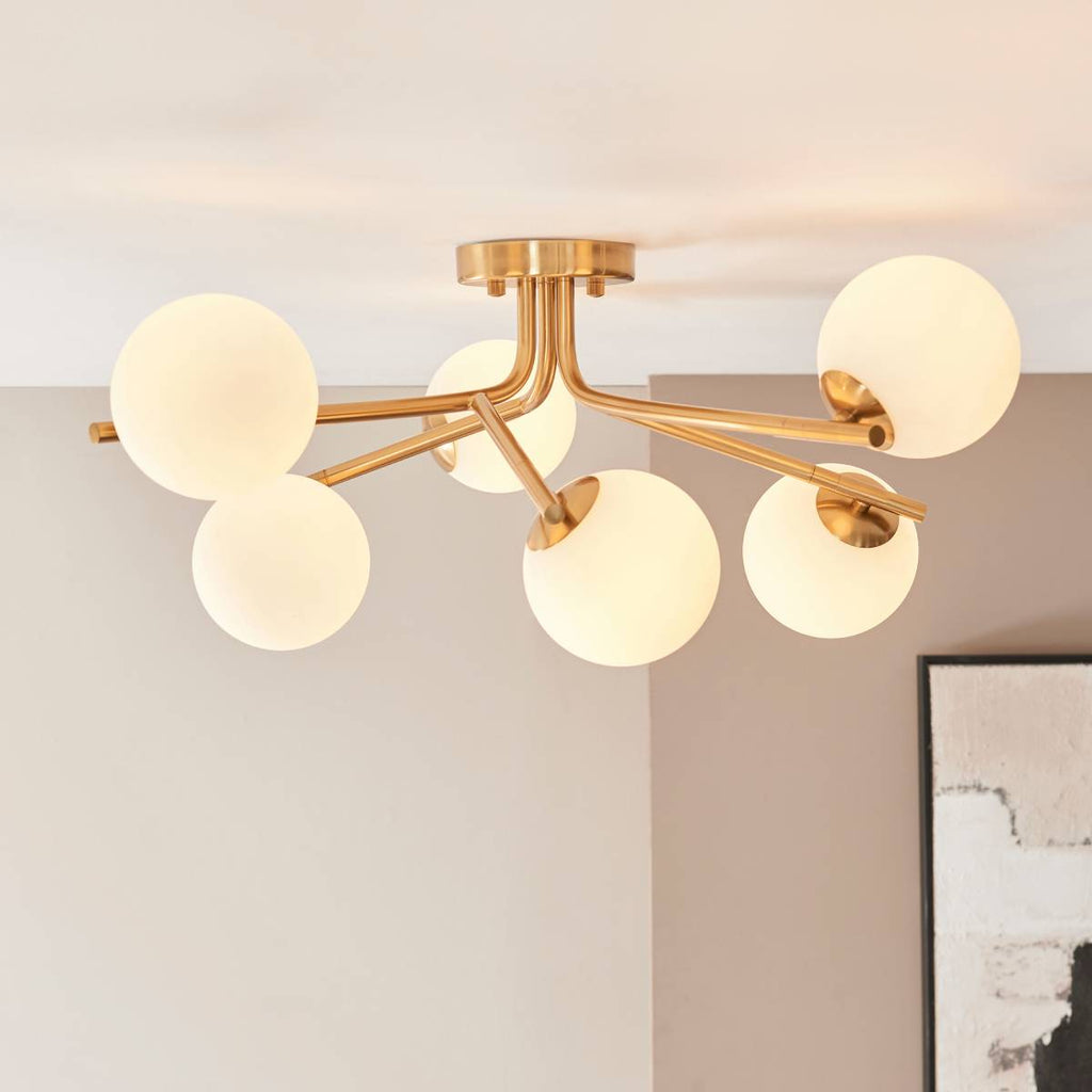 Endon Aaron 6 Light Semi Flush Fitting in Brushed Aged Brass and Matt Opal Glass Shade