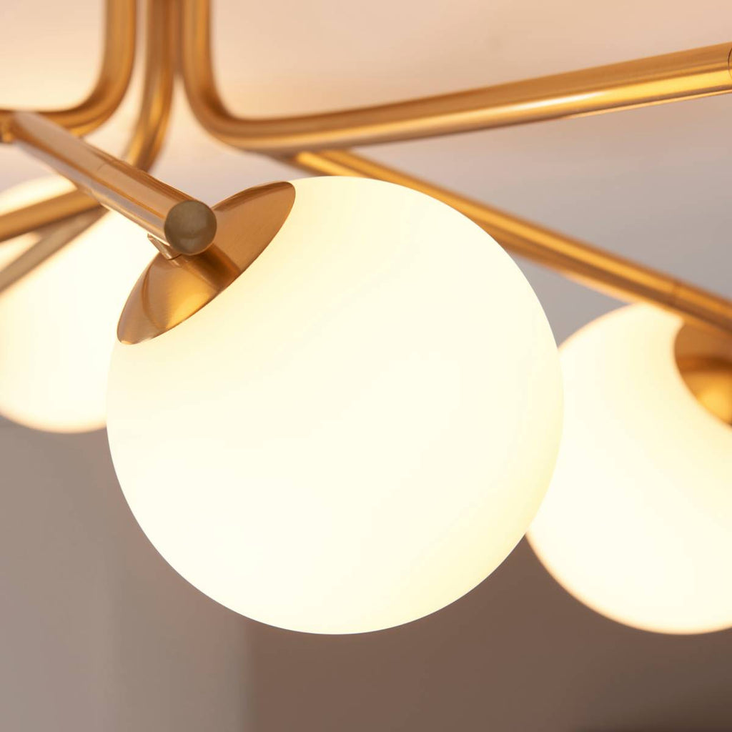 Endon Aaron 6 Light Semi Flush Fitting in Brushed Aged Brass and Matt Opal Glass Shade