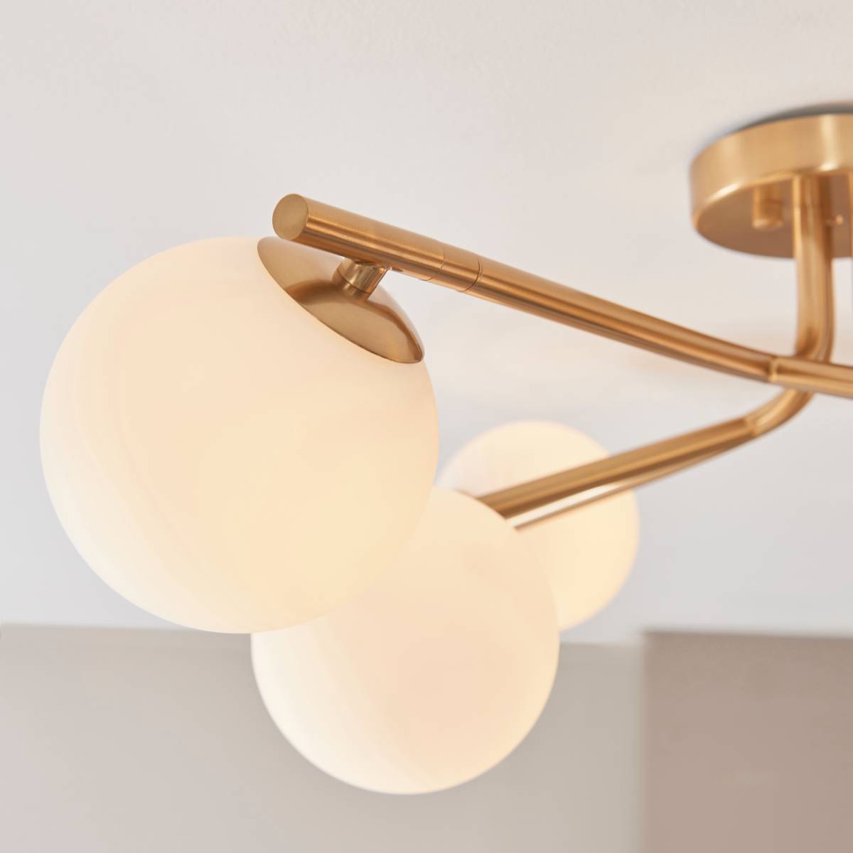 Endon Aaron 6 Light Semi Flush Fitting in Brushed Aged Brass and Matt Opal Glass Shade