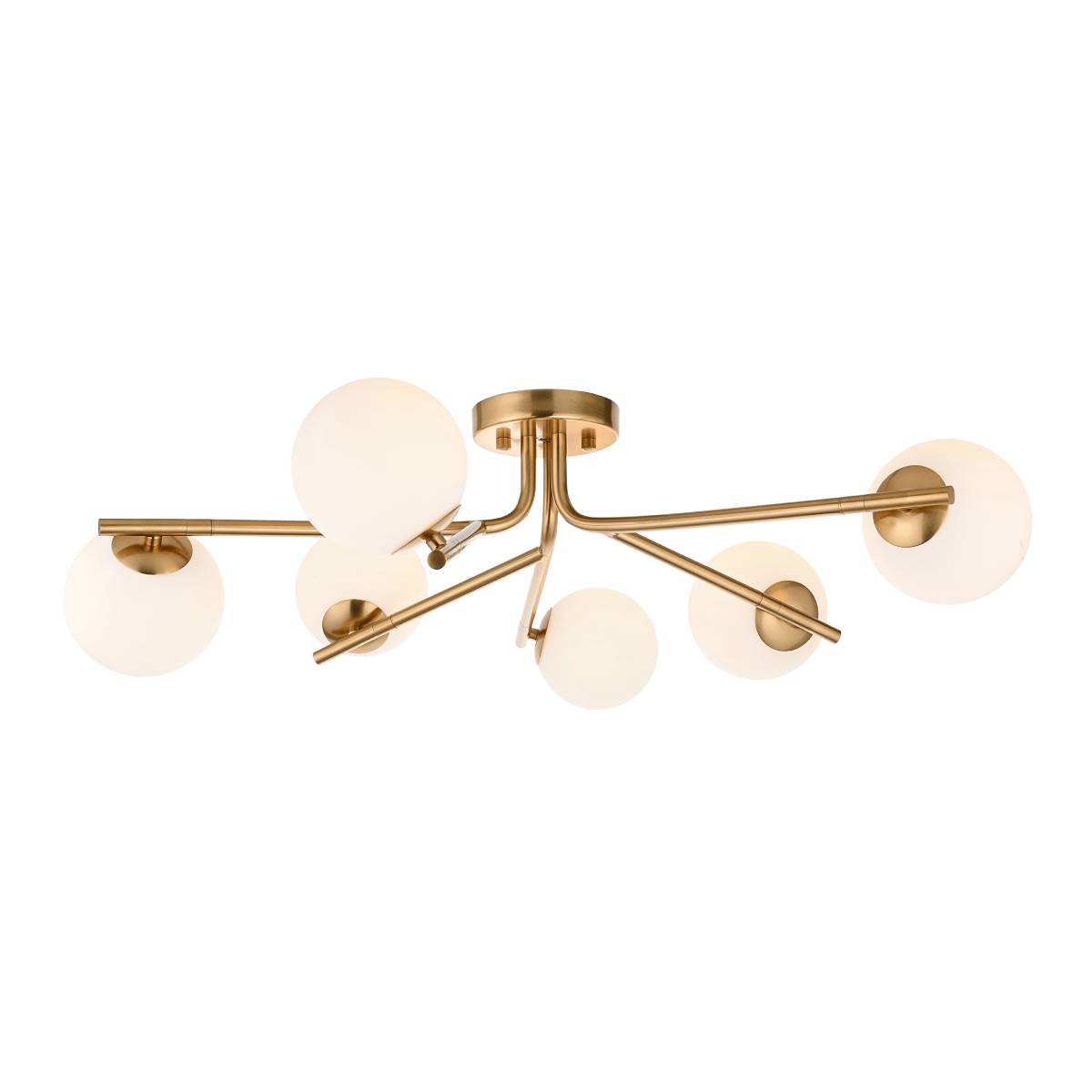 Endon Aaron 6 Light Semi Flush Fitting in Brushed Aged Brass and Matt Opal Glass Shade