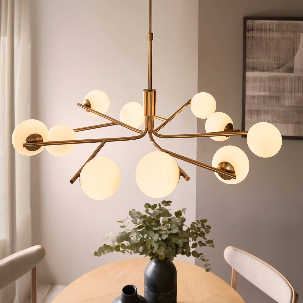 Endon Aaron 10 Light Pendant in Brushed Aged Brass and Matt Opal Glass Shade