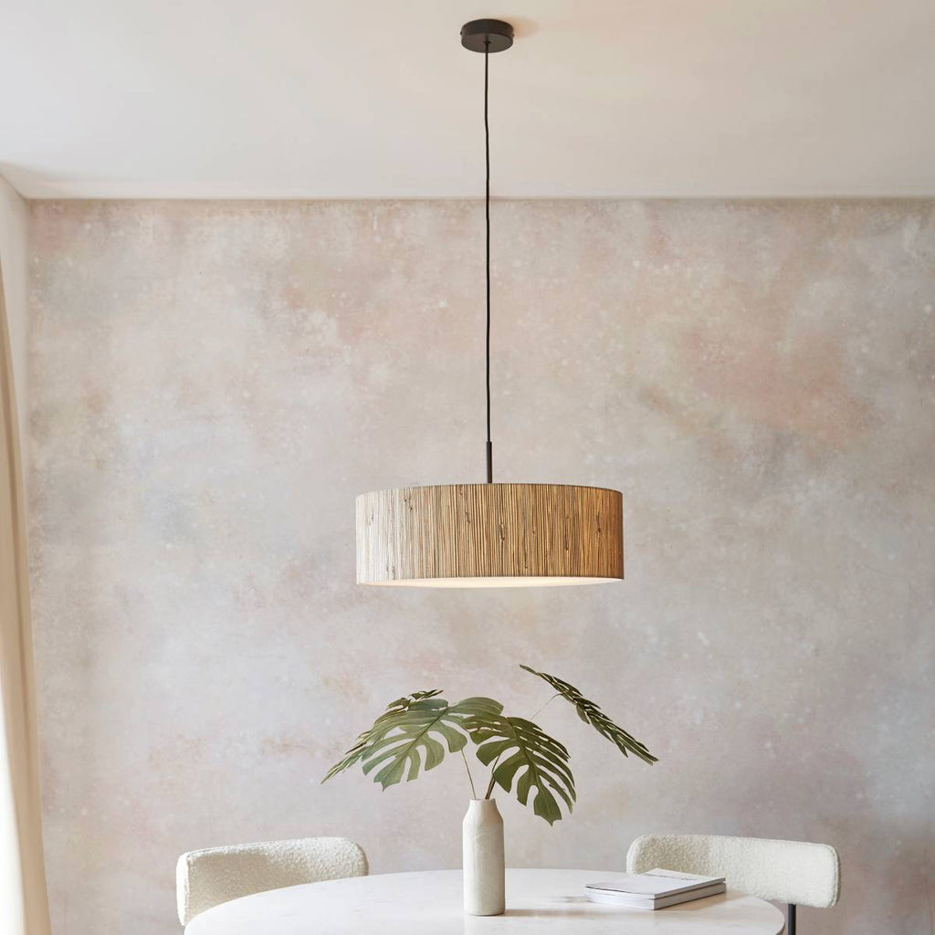 Endon Longshore 3 Light Pendant in Natural Seagrass, Matt Black and White Shade