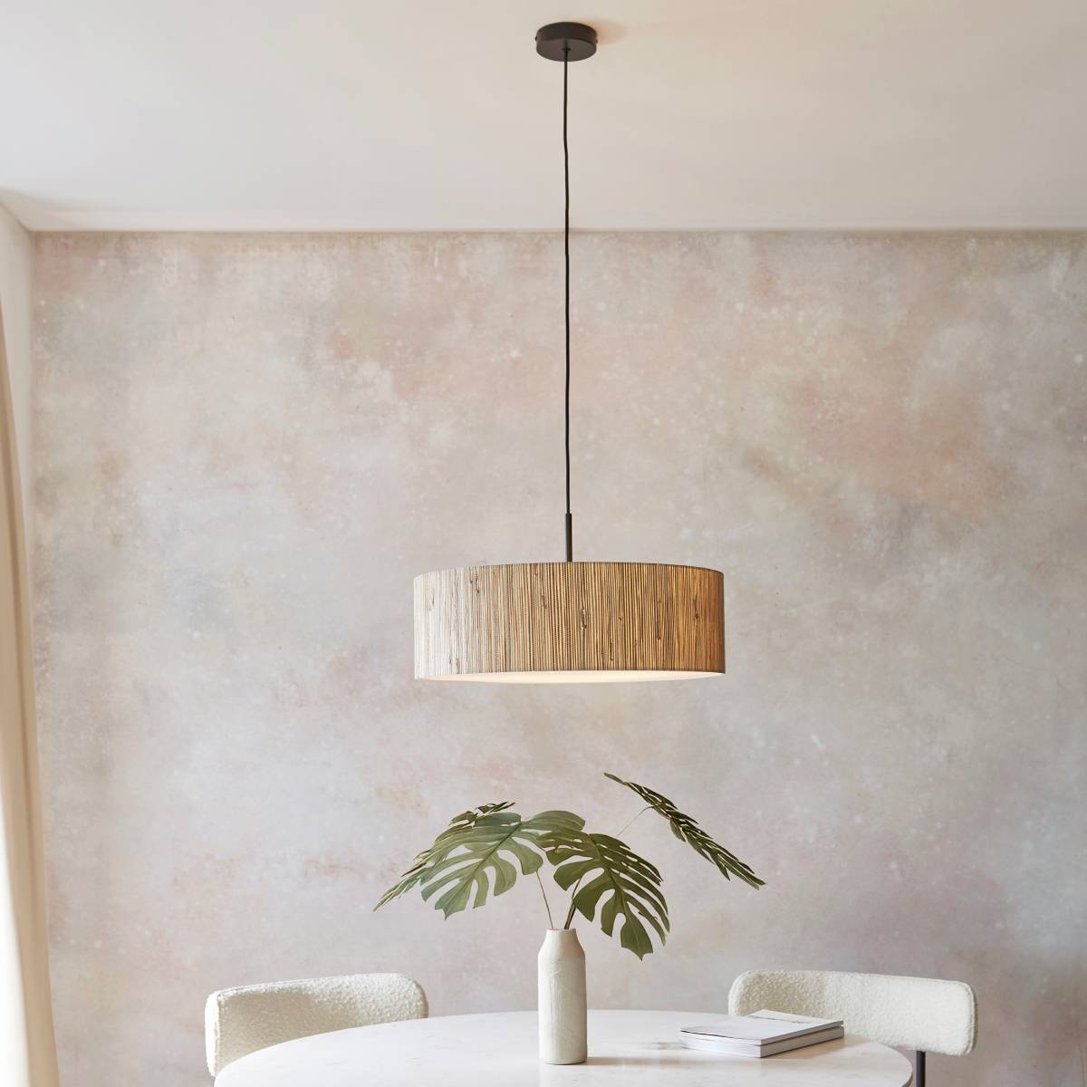 Endon Longshore 3 Light Pendant in Natural Seagrass, Matt Black and White Shade