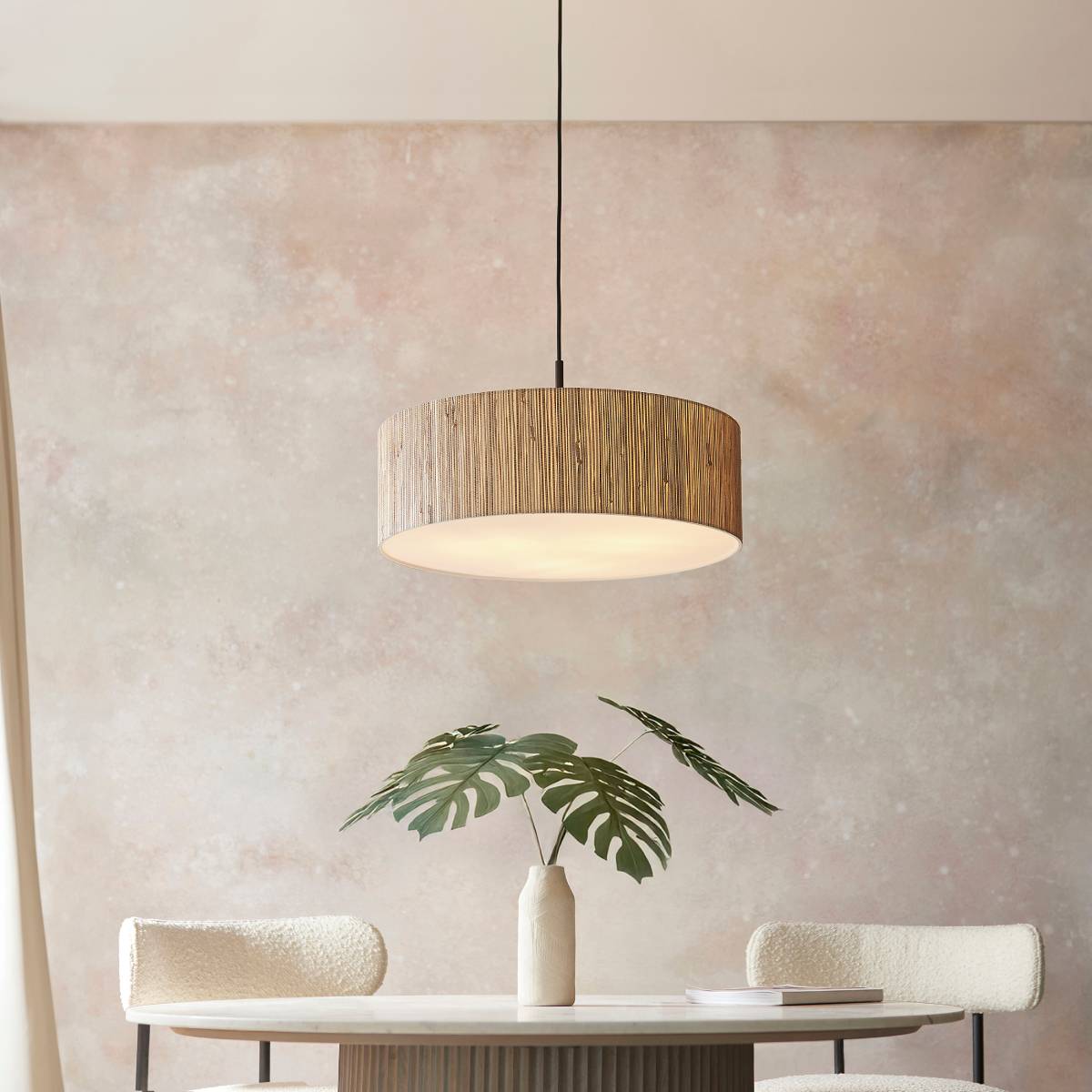 Endon Longshore 3 Light Pendant in Natural Seagrass, Matt Black and White Shade