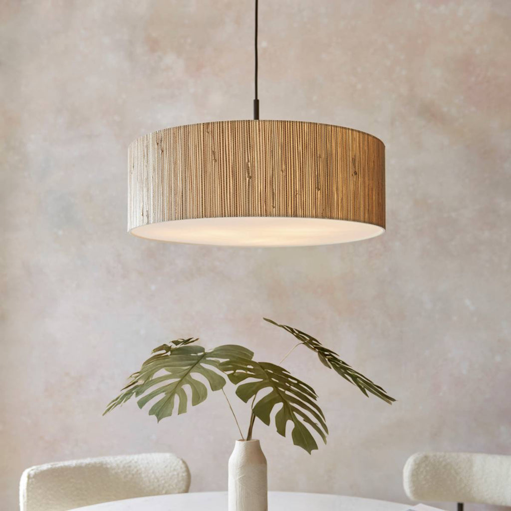 Endon Longshore 3 Light Pendant in Natural Seagrass, Matt Black and White Shade