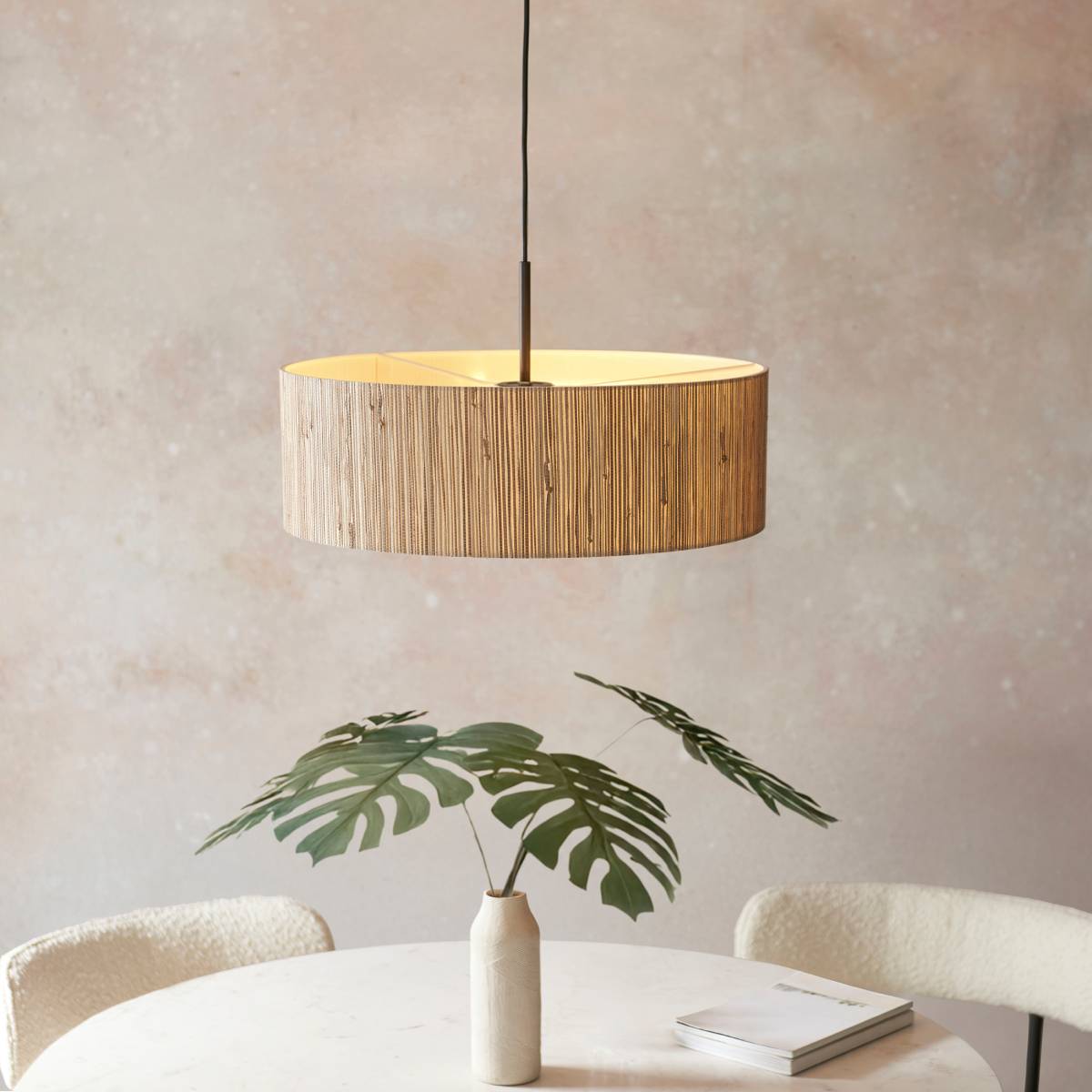 Endon Longshore 3 Light Pendant in Natural Seagrass, Matt Black and White Shade