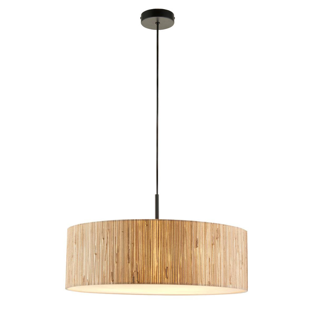Endon Longshore 3 Light Pendant in Natural Seagrass, Matt Black and White Shade