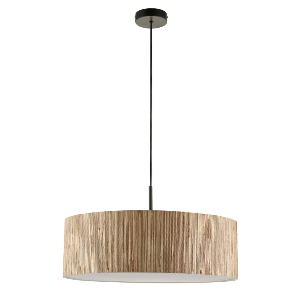 Endon Longshore 3 Light Pendant in Natural Seagrass, Matt Black and White Shade