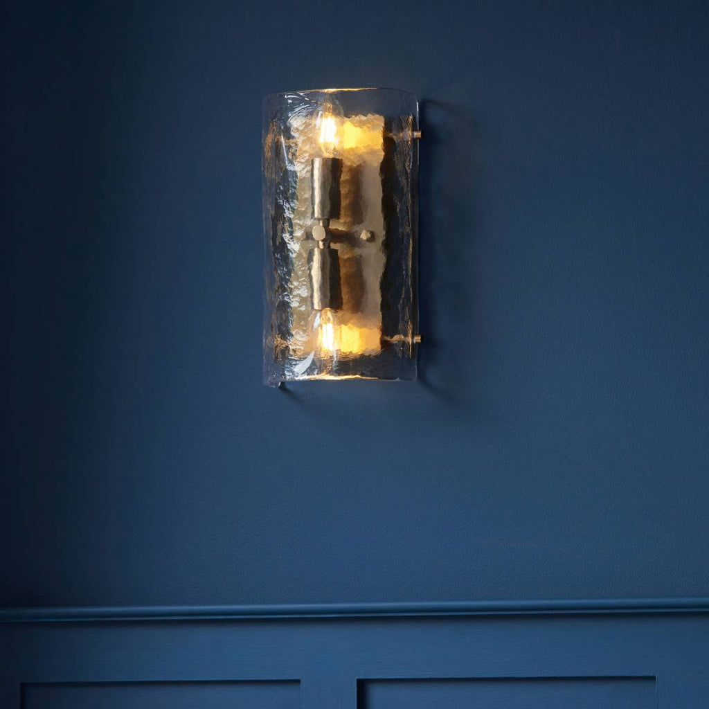Endon Keller 2 Light Wall Light in Brushed Aged Brass and Handmade Textured Clear Glass Shade