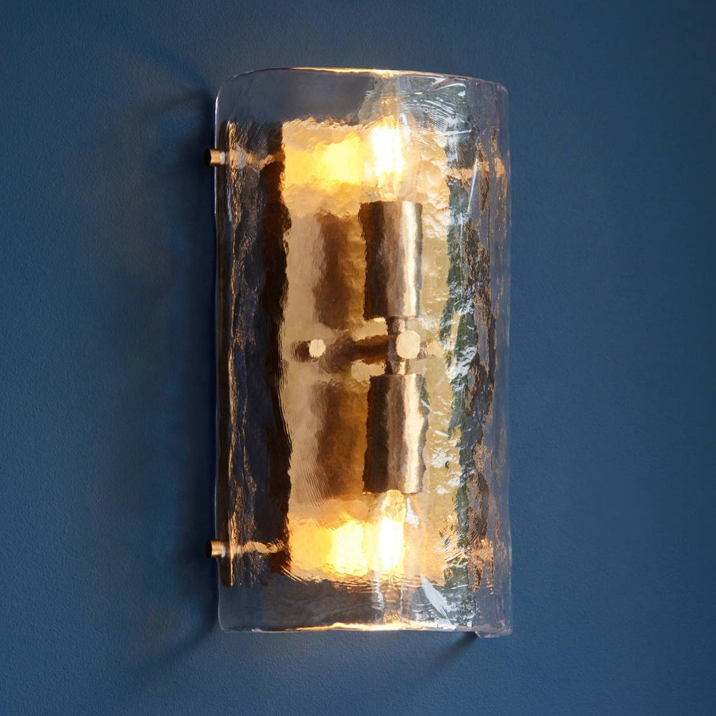 Endon Keller 2 Light Wall Light in Brushed Aged Brass and Handmade Textured Clear Glass Shade