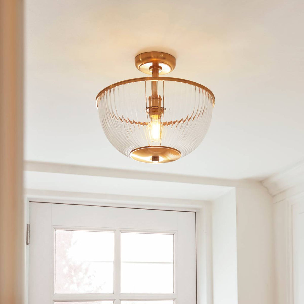 Endon Somerset Uplighter Flush Ceiling Light Vintage Brass Finish and Clear Ribbed Glass Shade