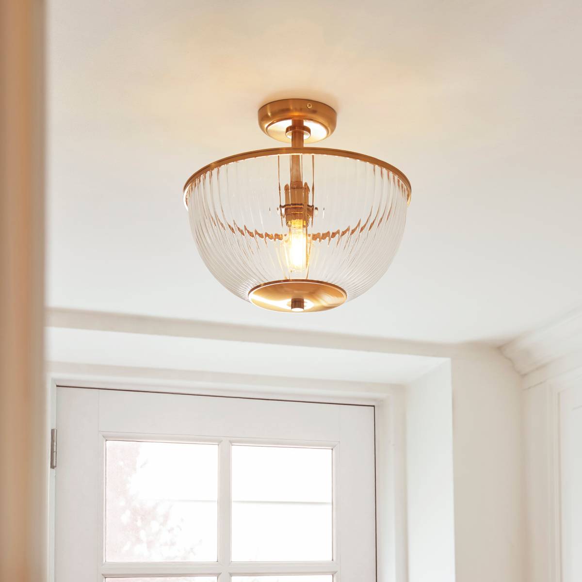 Endon Somerset Uplighter Flush Ceiling Light Vintage Brass Finish and Clear Ribbed Glass Shade