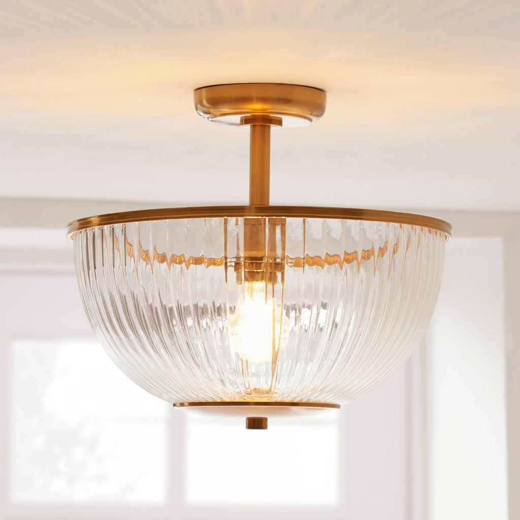 Endon Somerset Uplighter Flush Ceiling Light Vintage Brass Finish and Clear Ribbed Glass Shade