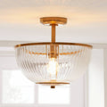 Endon Somerset Uplighter Flush Ceiling Light Vintage Brass Finish and Clear Ribbed Glass Shade