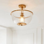 Endon Somerset Uplighter Flush Ceiling Light Vintage Brass Finish and Clear Ribbed Glass Shade