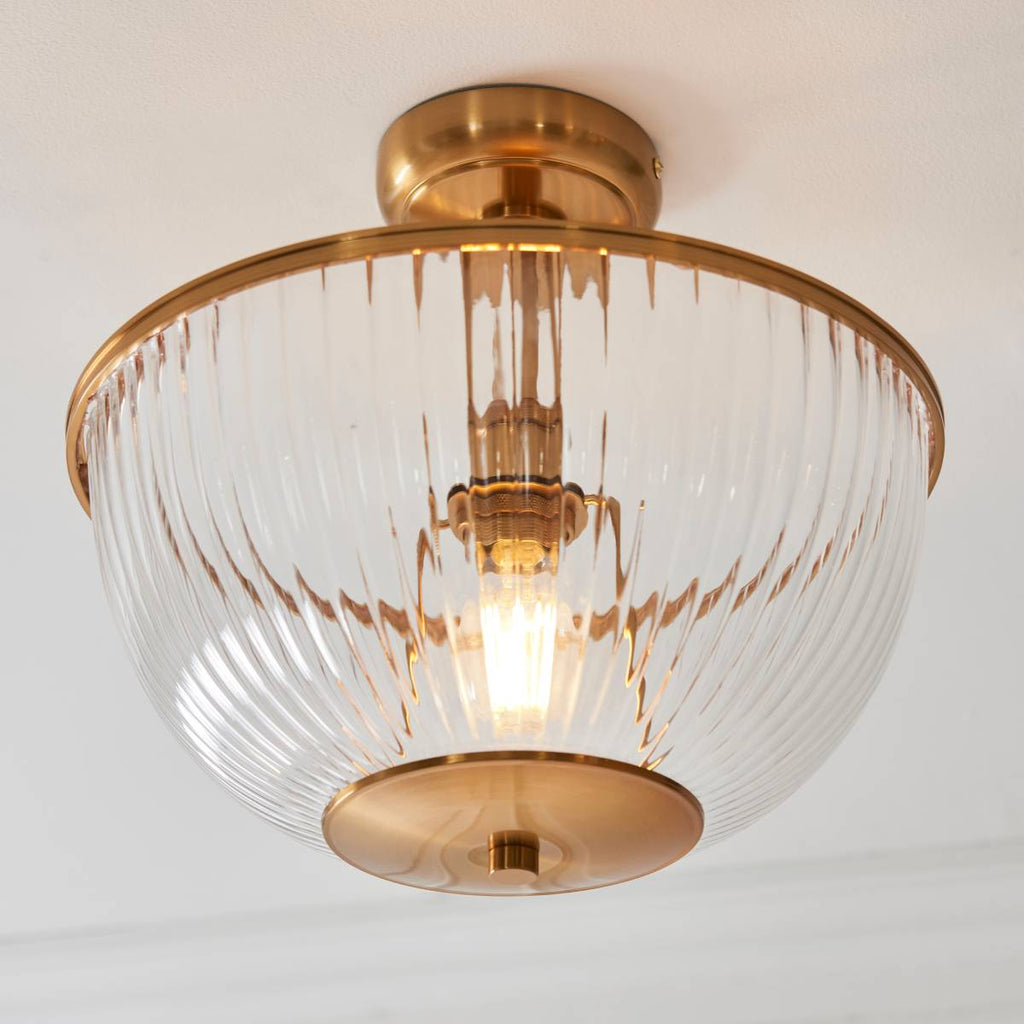 Endon Somerset Uplighter Flush Ceiling Light Vintage Brass Finish and Clear Ribbed Glass Shade