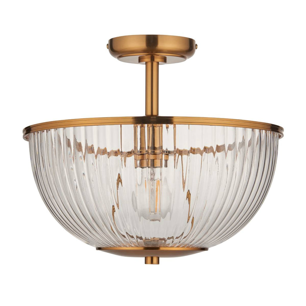 Endon Somerset Uplighter Flush Ceiling Light Vintage Brass Finish and Clear Ribbed Glass Shade