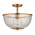 Endon Somerset Uplighter Flush Ceiling Light Vintage Brass Finish and Clear Ribbed Glass Shade