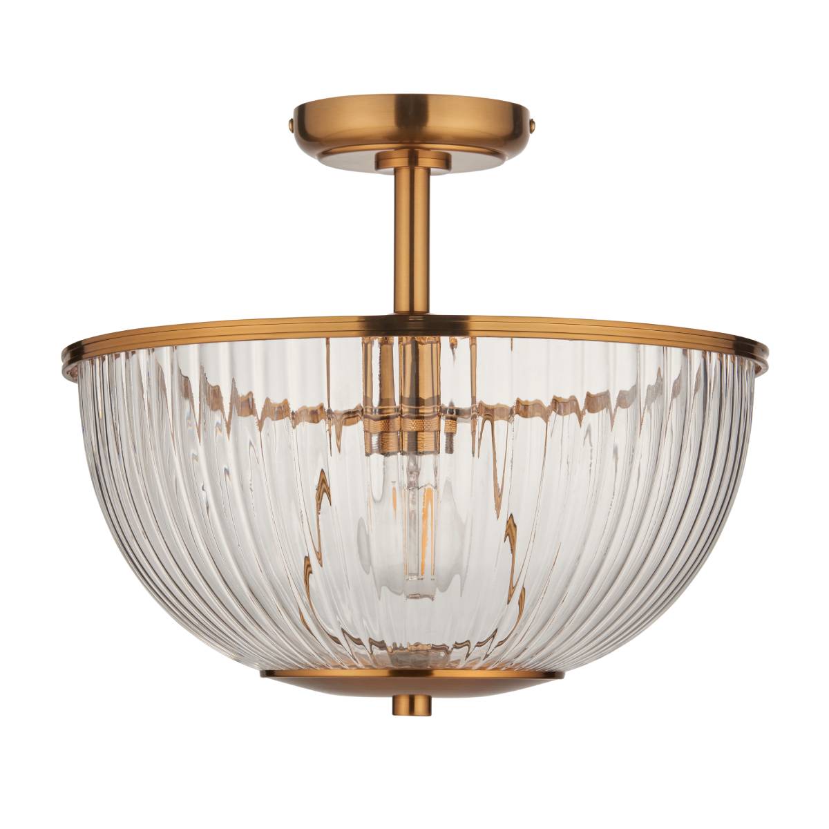Endon Somerset Uplighter Flush Ceiling Light Vintage Brass Finish and Clear Ribbed Glass Shade