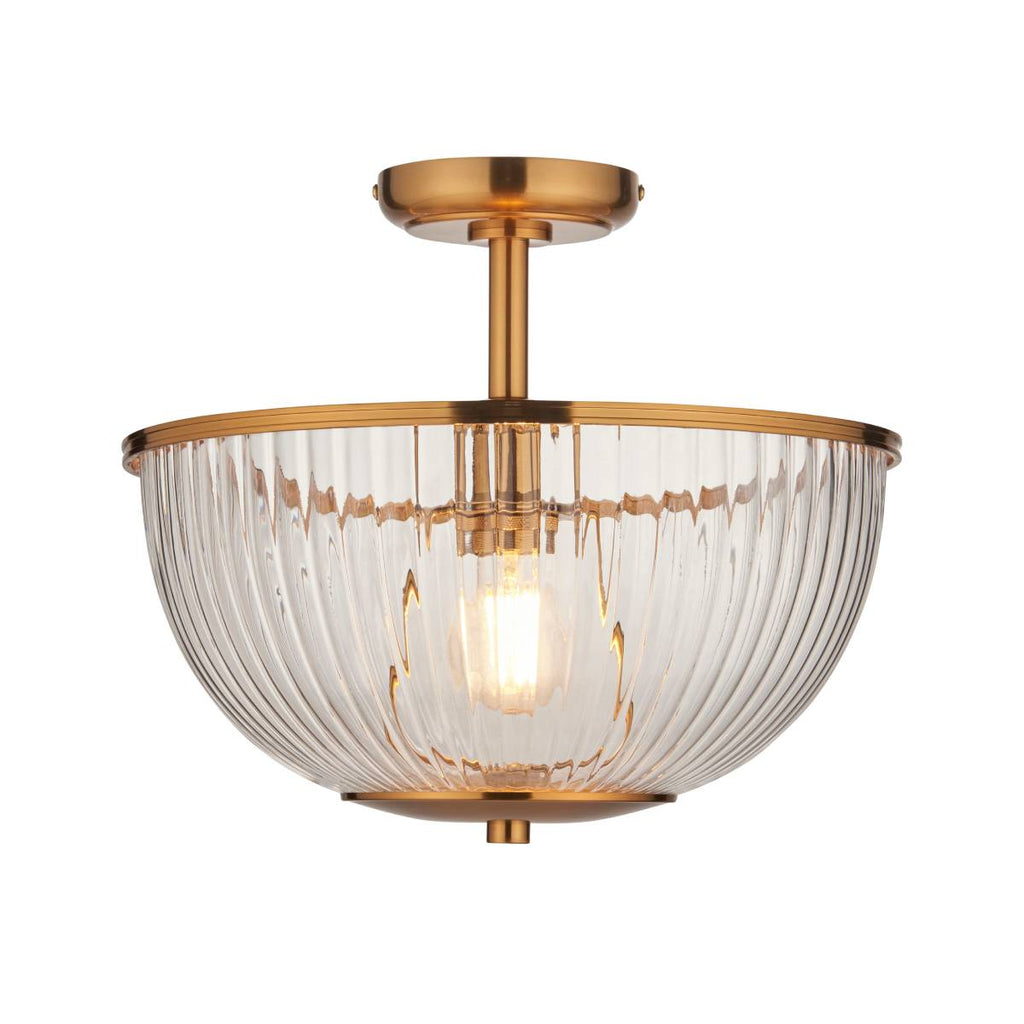 Endon Somerset Uplighter Flush Ceiling Light Vintage Brass Finish and Clear Ribbed Glass Shade