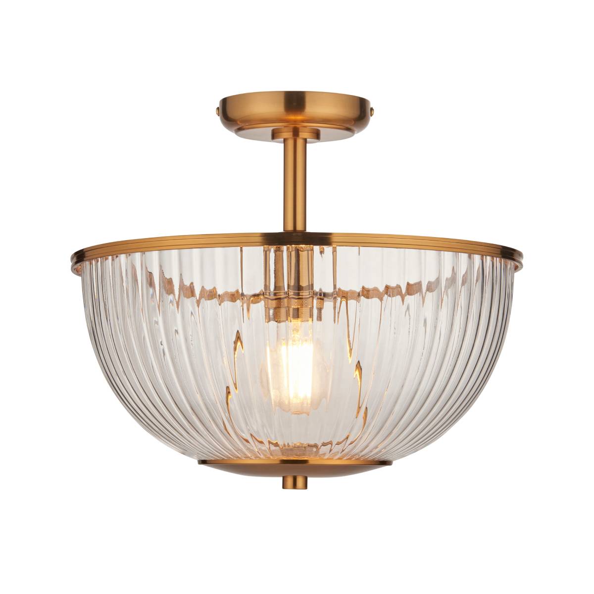 Endon Somerset Uplighter Flush Ceiling Light Vintage Brass Finish and Clear Ribbed Glass Shade