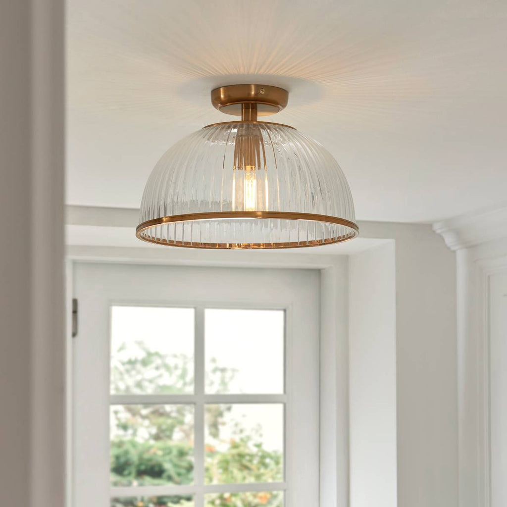 Endon Somerset Downlight Flush Ceiling Light Vintage Brass Finish and Clear Ribbed Glass Shade