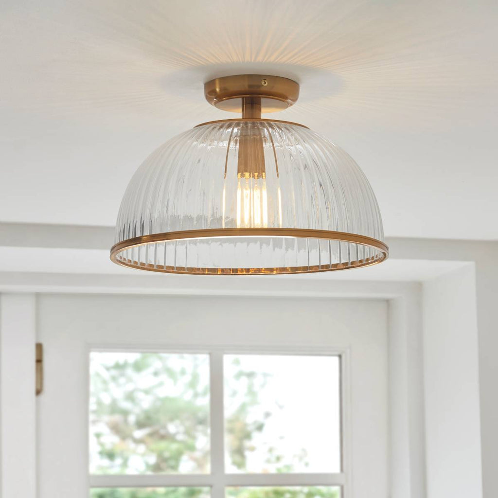 Endon Somerset Downlight Flush Ceiling Light Vintage Brass Finish and Clear Ribbed Glass Shade