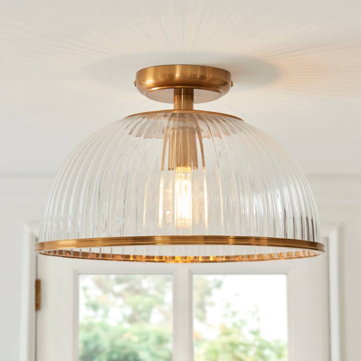 Endon Somerset Downlight Flush Ceiling Light Vintage Brass Finish and Clear Ribbed Glass Shade