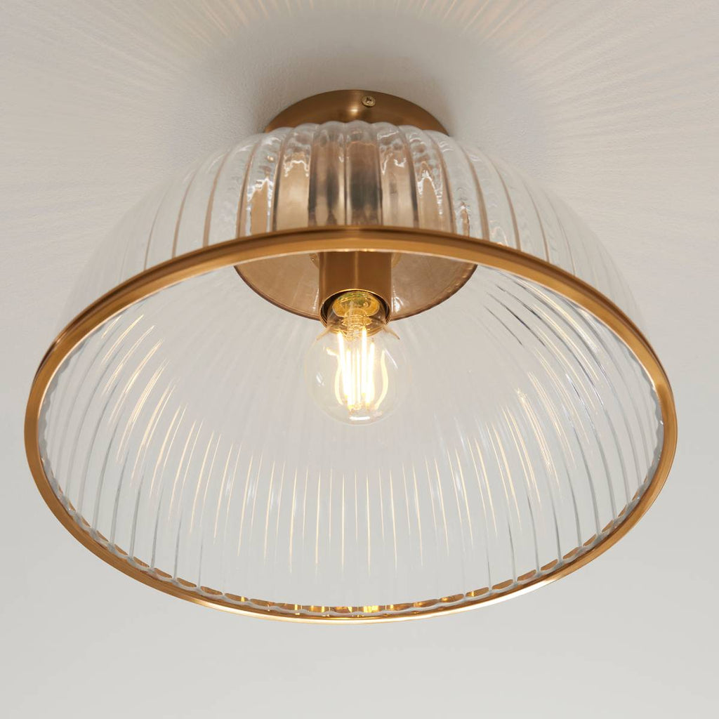 Endon Somerset Downlight Flush Ceiling Light Vintage Brass Finish and Clear Ribbed Glass Shade