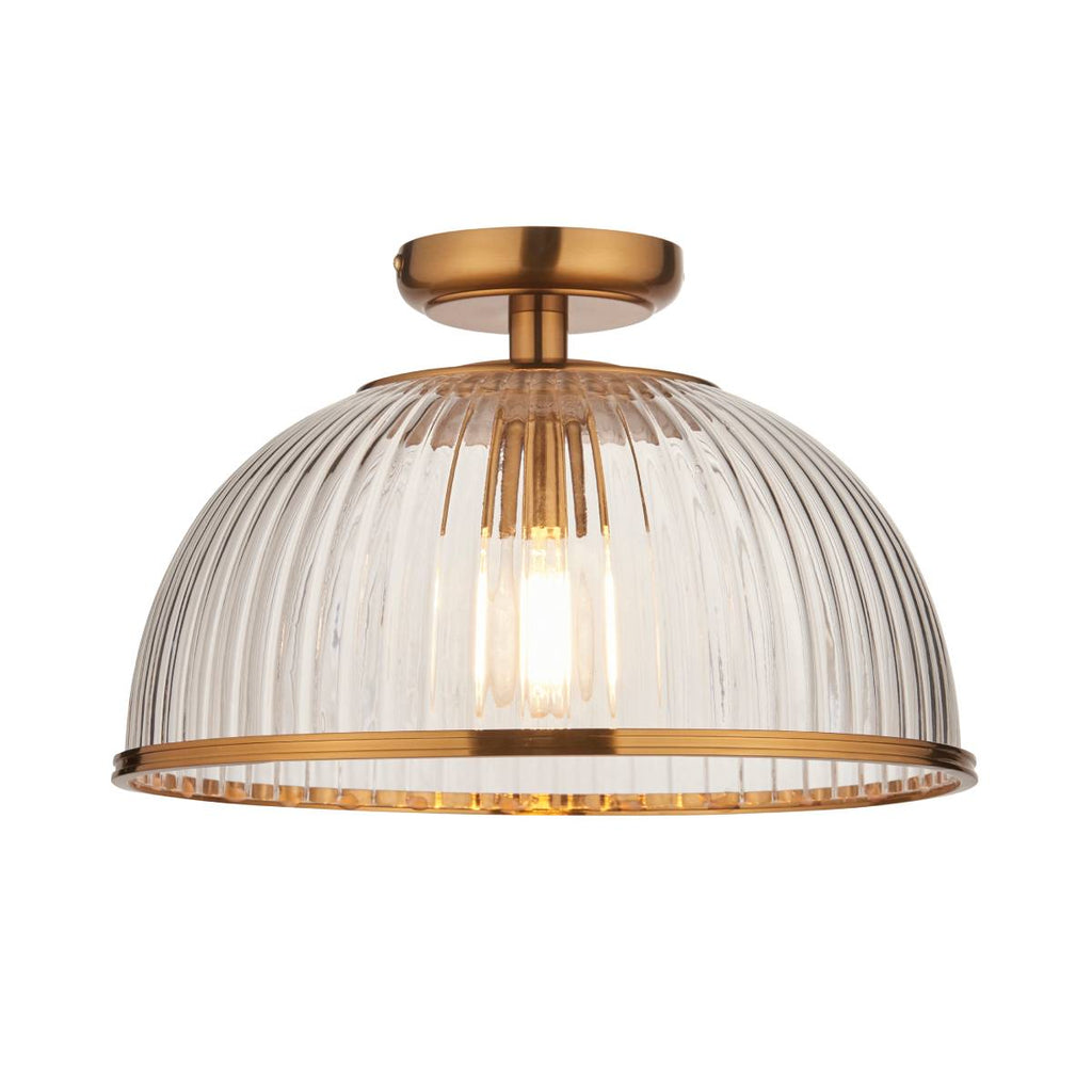 Endon Somerset Downlight Flush Ceiling Light Vintage Brass Finish and Clear Ribbed Glass Shade