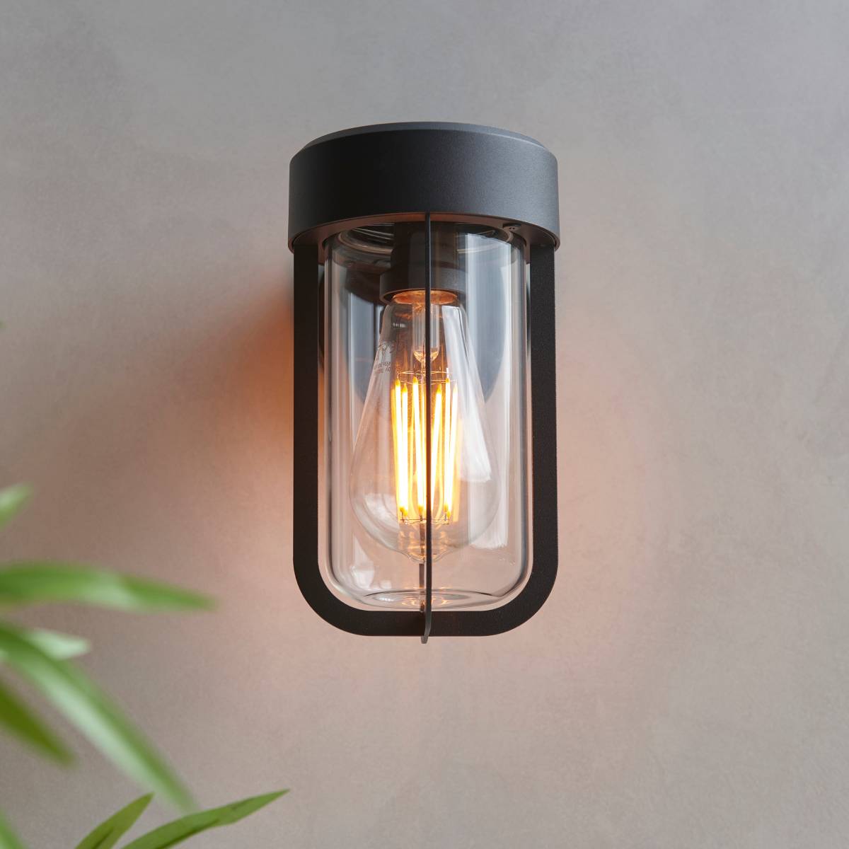 Endon Lucca Outdoor Wall Light in Textured Black and Clear Glass