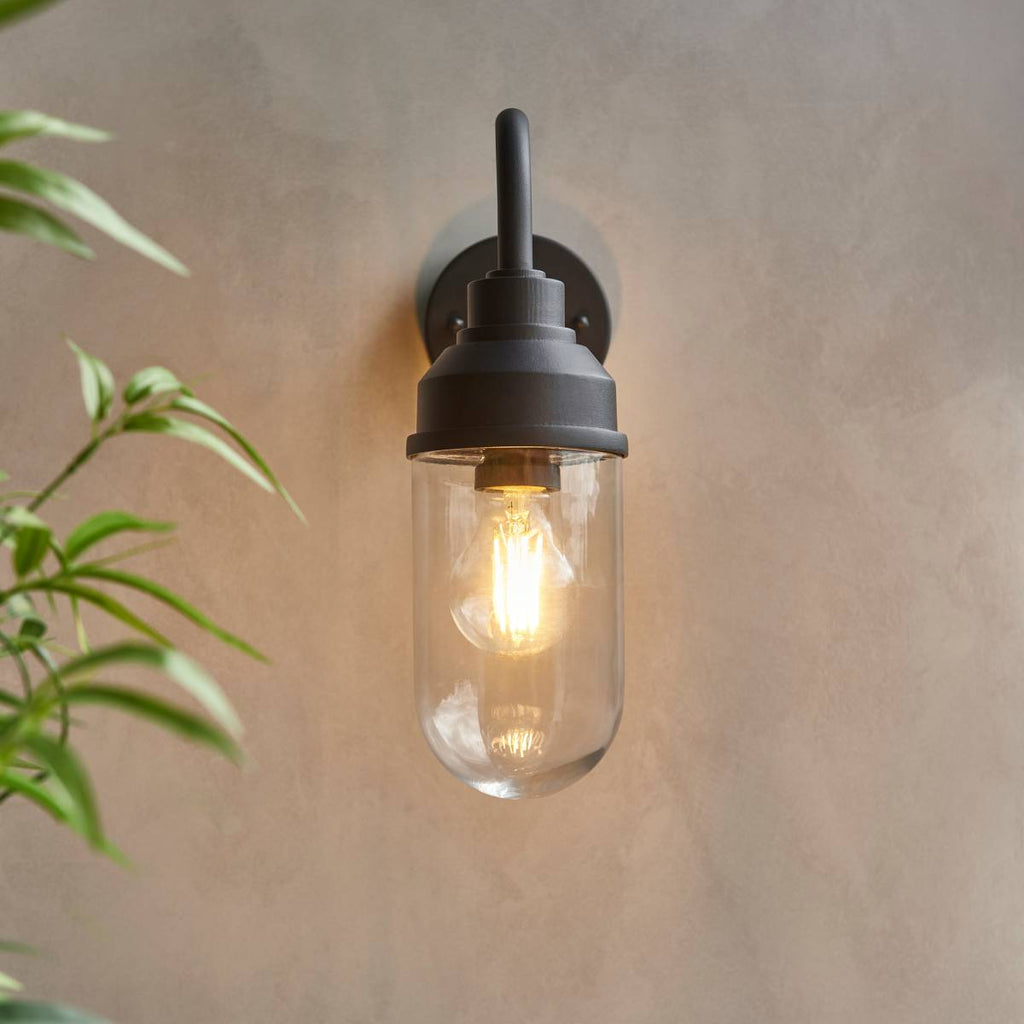 Endon Truro Outdoor Wall Light in Textured Black and Clear Glass