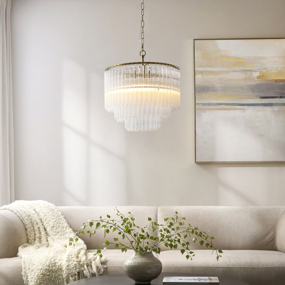Endon Montpellier 3 Light Pendant Light in Brushed Aged Brass with Clear Ribbed Glass
